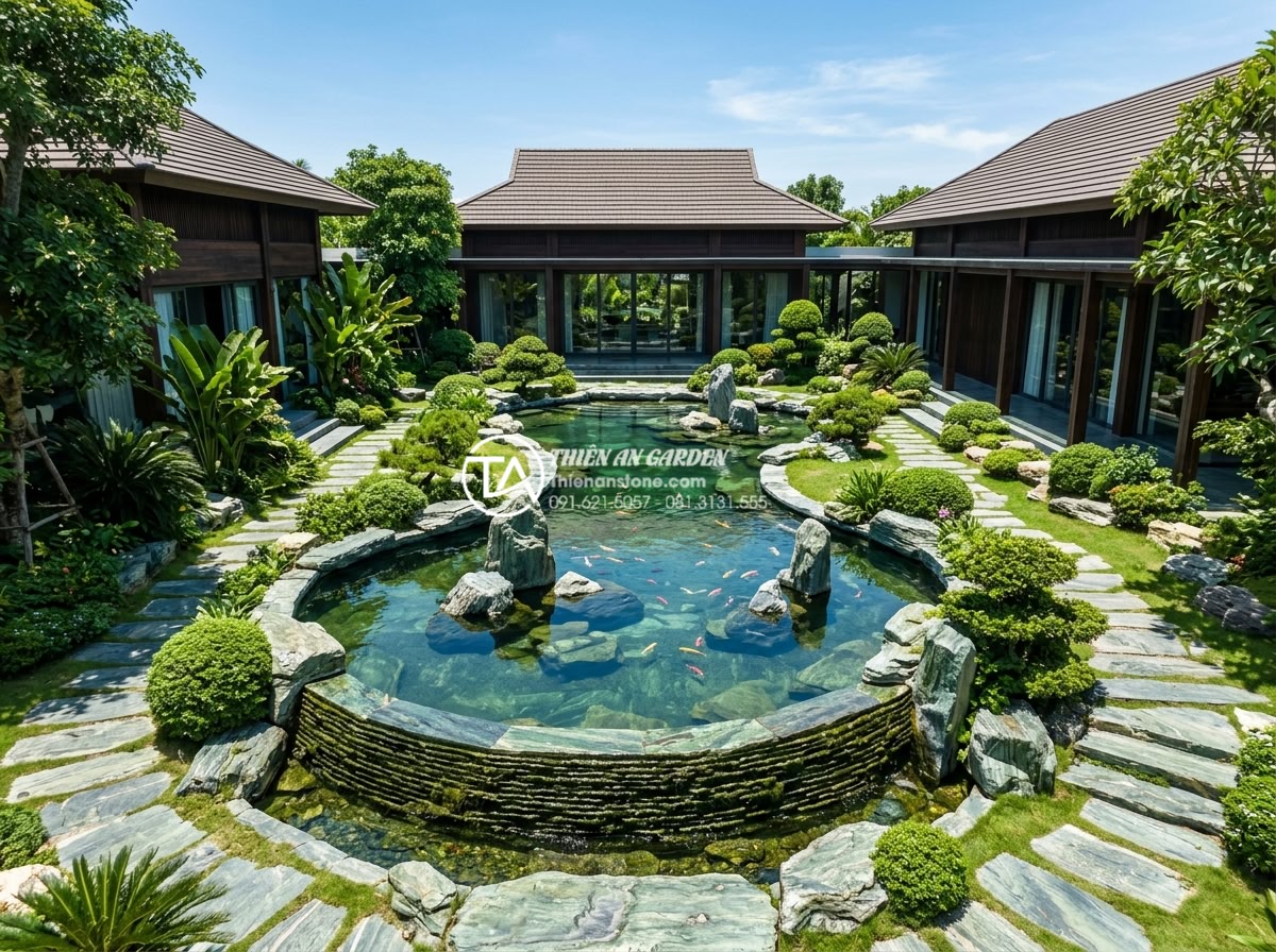 Case Study: Thi công hồ cá Koi 500 triệu sử dụng toàn bộ đá xanh Nhật Bản - Aerial drone shot of the entire luxury villa garden featuring the stunning Japan