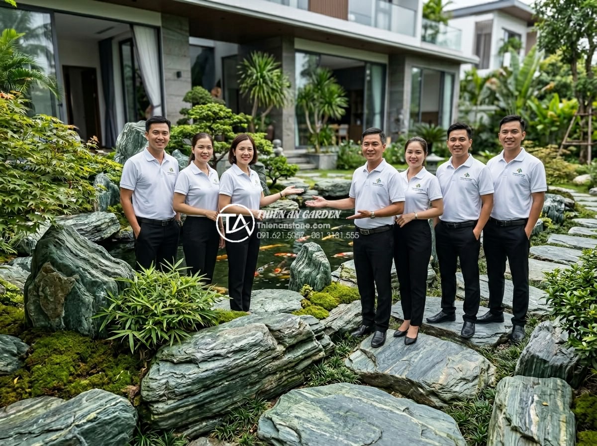 Case Study: Thi công hồ cá Koi 500 triệu sử dụng toàn bộ đá xanh Nhật Bản - Professional team photo of Thien An Stone experts standing in front of the compl
