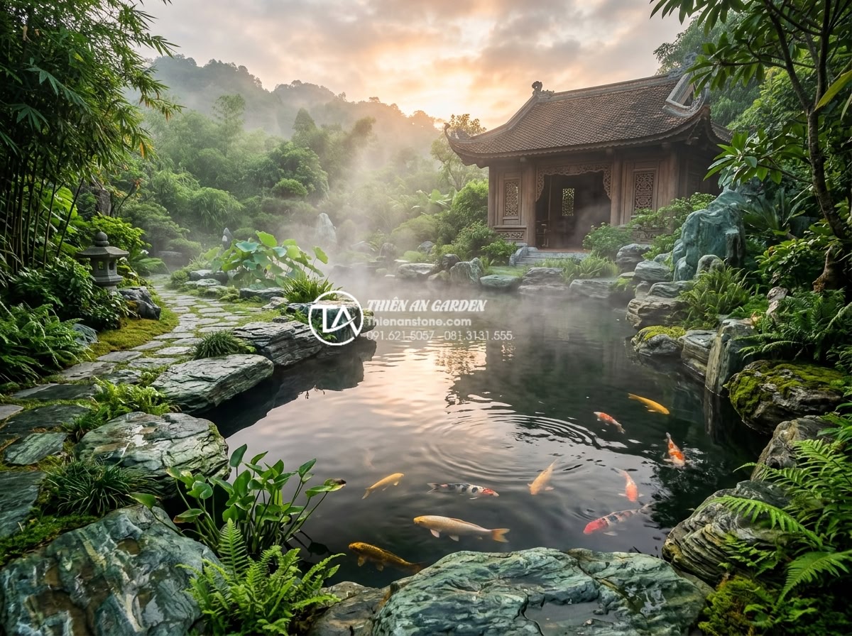 Case Study: Thi công hồ cá Koi 500 triệu sử dụng toàn bộ đá xanh Nhật Bản - Beautiful closing image of the Japanese blue stone Koi pond at dawn with soft mo