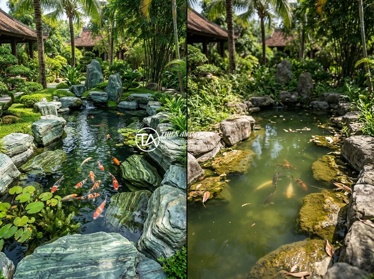 Case Study: Thi công hồ cá Koi 500 triệu sử dụng toàn bộ đá xanh Nhật Bản - Side-by-side comparison photo of two Koi ponds: left side using Japanese blue st