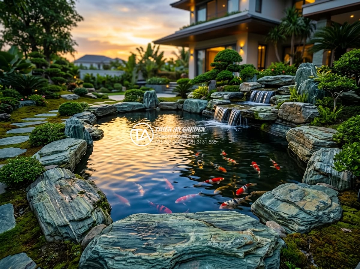 Case Study: Thi công hồ cá Koi 500 triệu sử dụng toàn bộ đá xanh Nhật Bản - Stunning sunset view of the completed Japanese blue stone Koi pond at the luxury