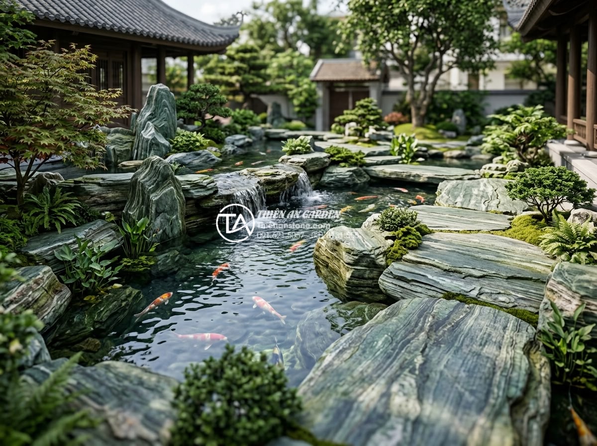 Case Study: Thi công hồ cá Koi 500 triệu sử dụng toàn bộ đá xanh Nhật Bản - 3D architectural rendering of the planned 85m2 Japanese blue stone Koi pond proj