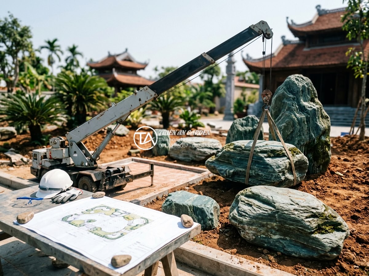 Case Study: Thi công hồ cá Koi 500 triệu sử dụng toàn bộ đá xanh Nhật Bản - Team of professional landscapers from Thien An Stone carefully placing large Jap