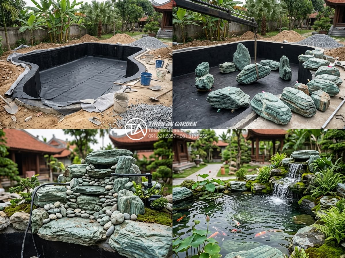 Case Study: Thi công hồ cá Koi 500 triệu sử dụng toàn bộ đá xanh Nhật Bản - Step-by-step construction sequence of the Japanese blue stone Koi pond showing f