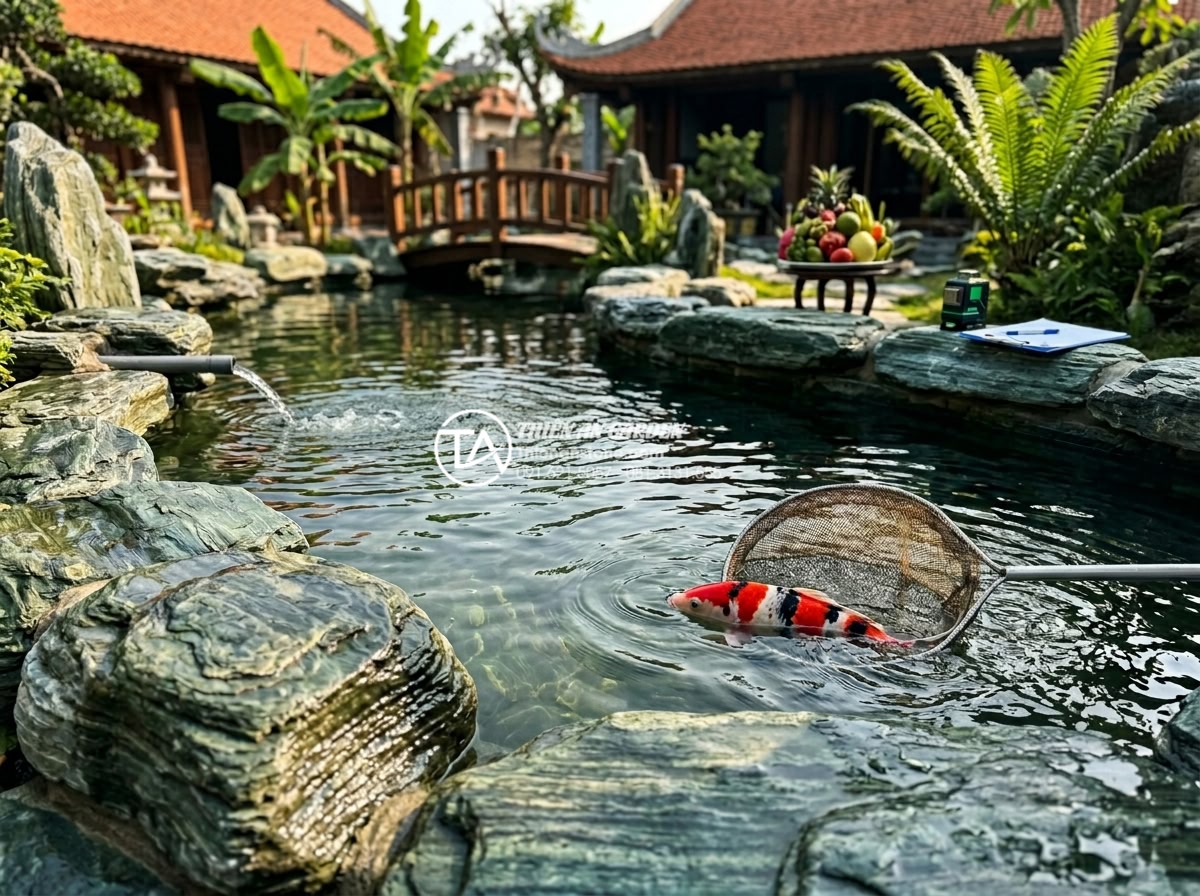 Case Study: Thi công hồ cá Koi 500 triệu sử dụng toàn bộ đá xanh Nhật Bản - Final stage of Koi pond filling with water, Japanese blue stones glistening unde