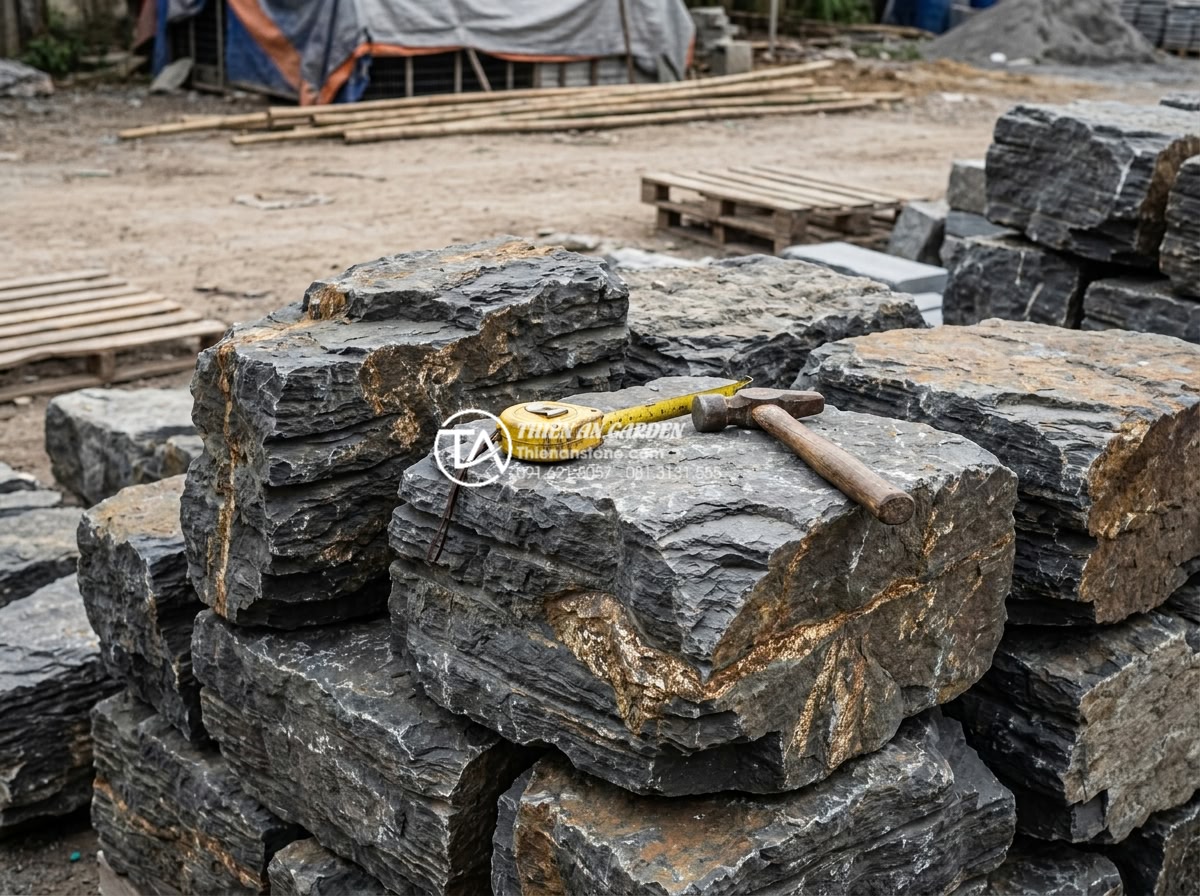 Checklist 5 bước kiểm tra đá trầm tích trước khi nhận hàng - Inspection process of sedimentary stones at delivery site with tools like measur