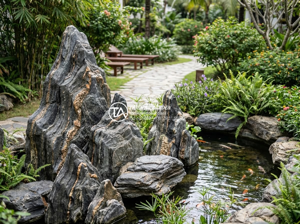 Checklist 5 bước kiểm tra đá trầm tích trước khi nhận hàng - Completed luxury resort garden featuring perfectly inspected sedimentary rocks a