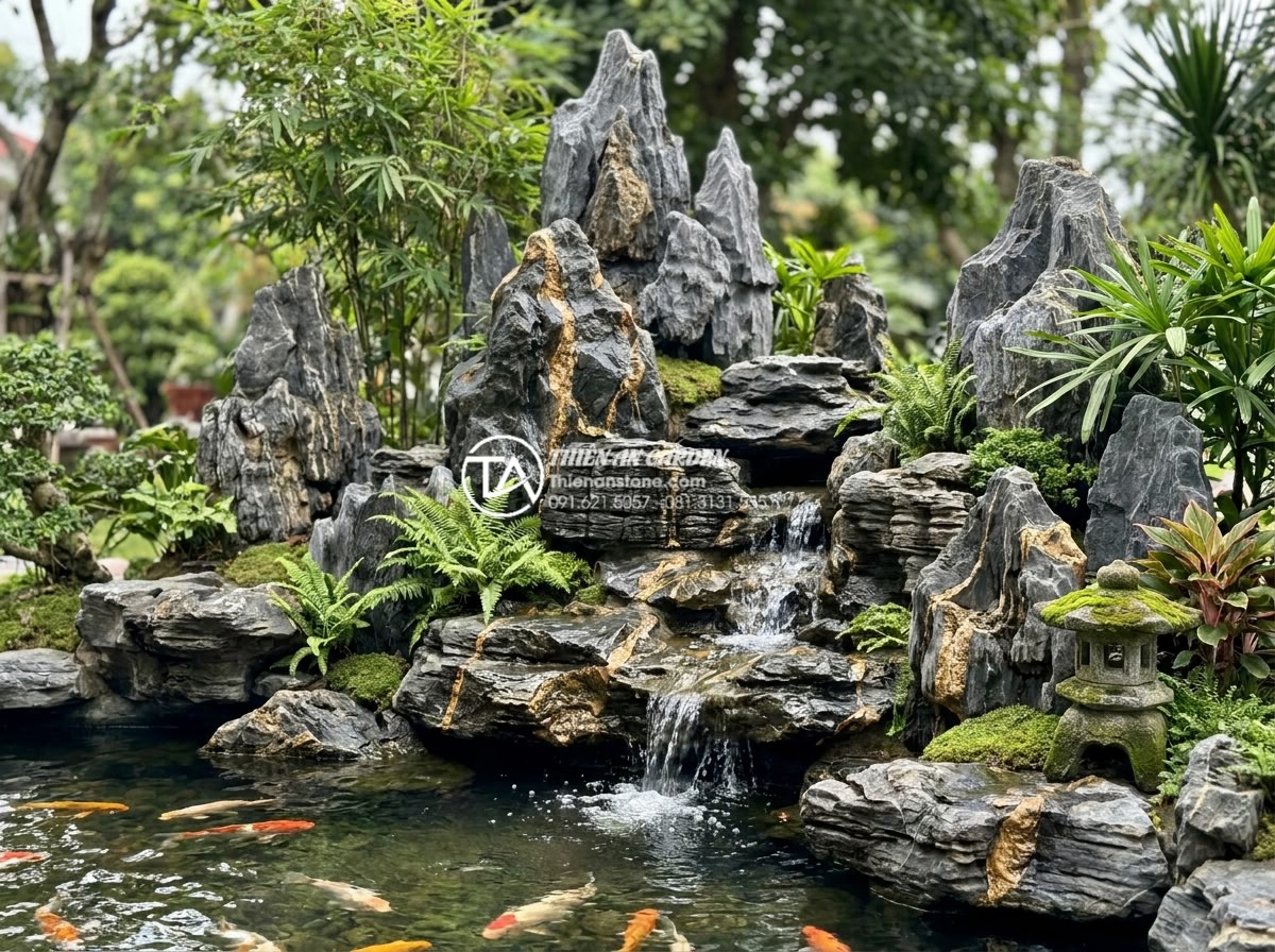 Checklist 5 bước kiểm tra đá trầm tích trước khi nhận hàng - Beautiful garden landscape featuring layered sedimentary rocks around a Koi pond
