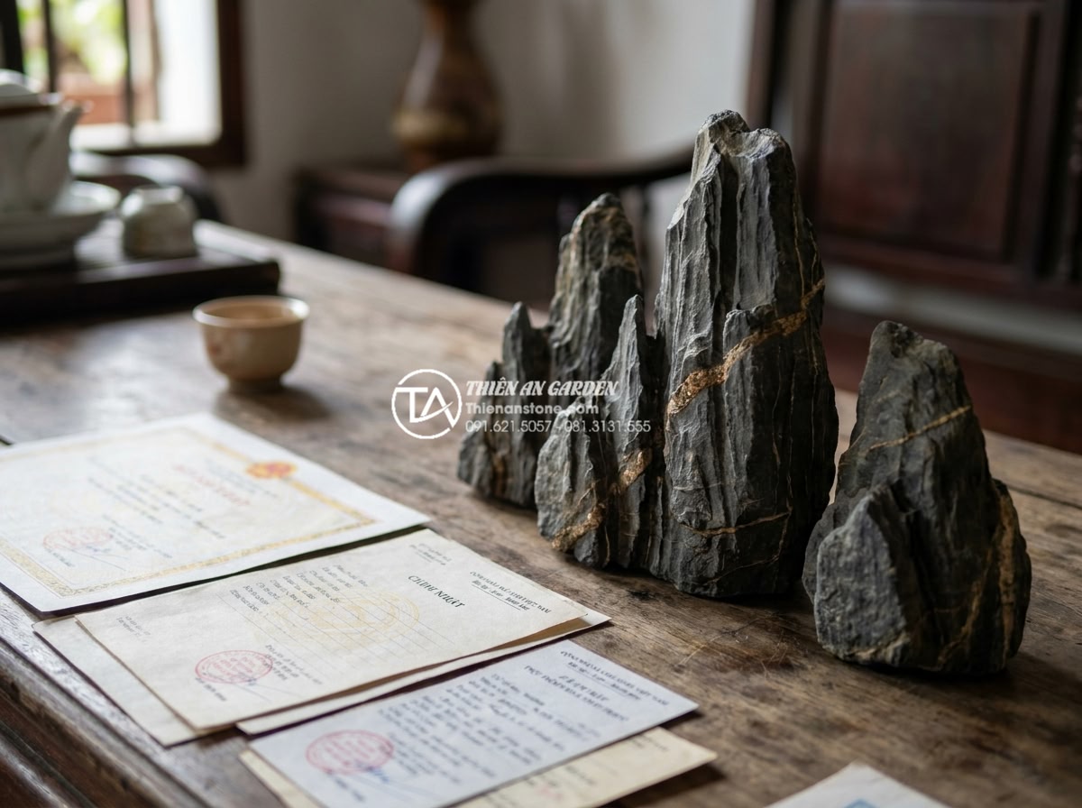 Checklist 5 bước kiểm tra đá trầm tích trước khi nhận hàng - Official documents and certificates laid out next to sedimentary rock samples fo