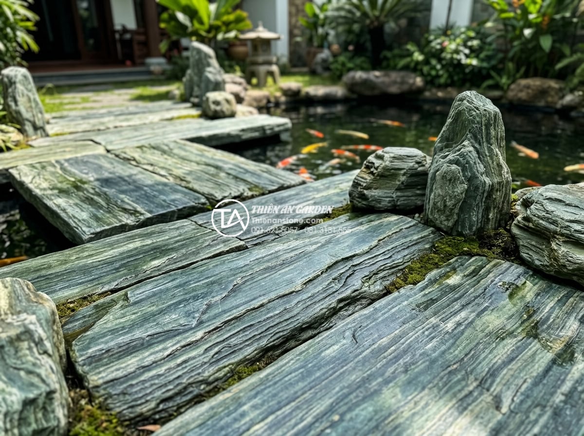 Checklist 7 điểm cần kiểm tra khi mua đá xanh Nhật Bản trực tuyến - Professional high-resolution photograph of authentic Japanese green natural ston