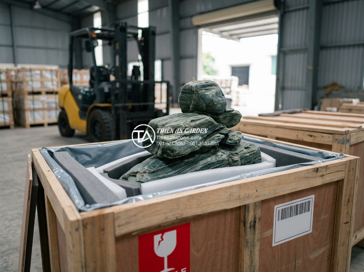 Checklist 7 điểm cần kiểm tra khi mua đá xanh Nhật Bản trực tuyến - Detailed product photography showing Japanese green stone being professionally p