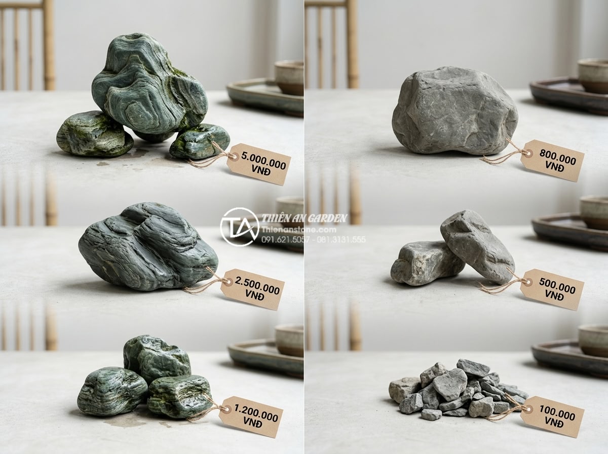 Checklist 7 điểm cần kiểm tra khi mua đá xanh Nhật Bản trực tuyến - Clean professional comparison chart style image of Japanese green stone pricing 