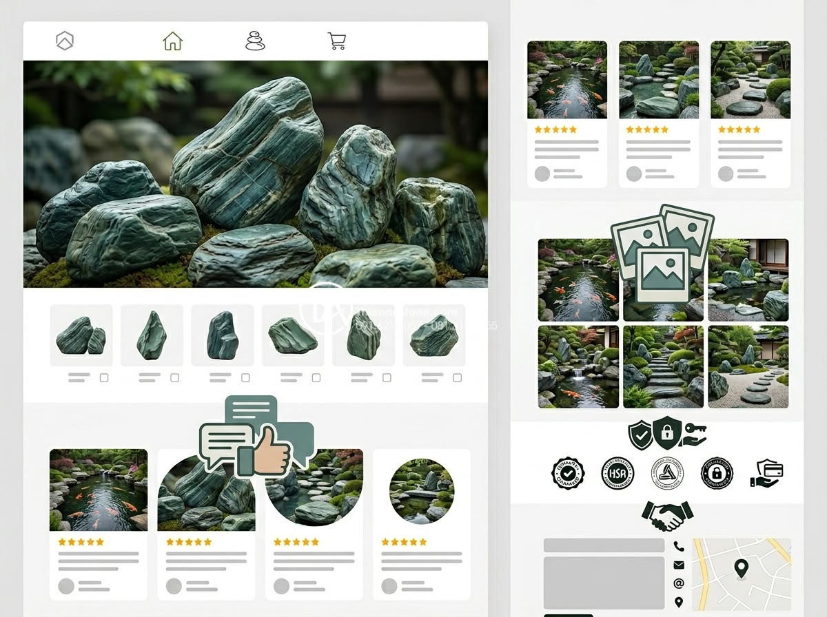 Checklist 7 điểm cần kiểm tra khi mua đá xanh Nhật Bản trực tuyến - Screenshot-style professional image of a trusted stone supplier website homepage