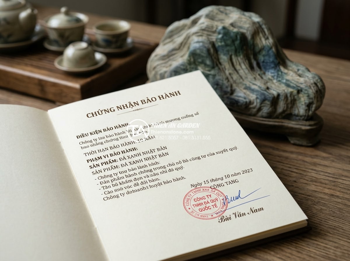 Checklist 7 điểm cần kiểm tra khi mua đá xanh Nhật Bản trực tuyến - Professional image of a signed warranty certificate for Japanese green stone wit