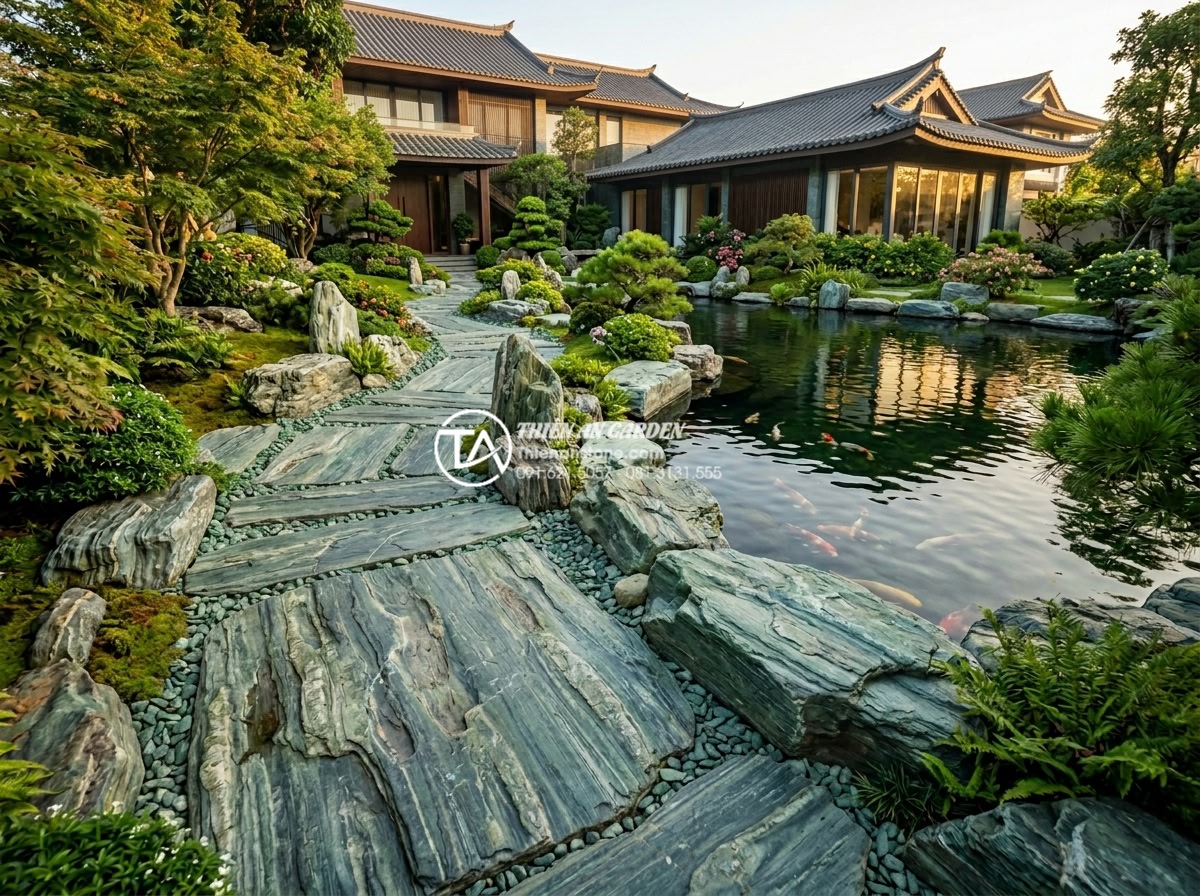 Checklist 7 điểm cần kiểm tra khi mua đá xanh Nhật Bản trực tuyến - Inspirational wide angle photograph of a stunning completed luxury garden featur
