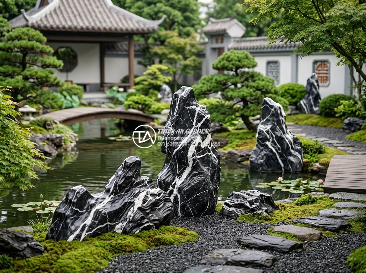 Đá Seiryu trong cảnh quan: Cách sử dụng và phối cảnh chuẩn nghệ thuật Nhật Bản - Seiryu stones arranged as natural borders and islands in a large koi pond with c