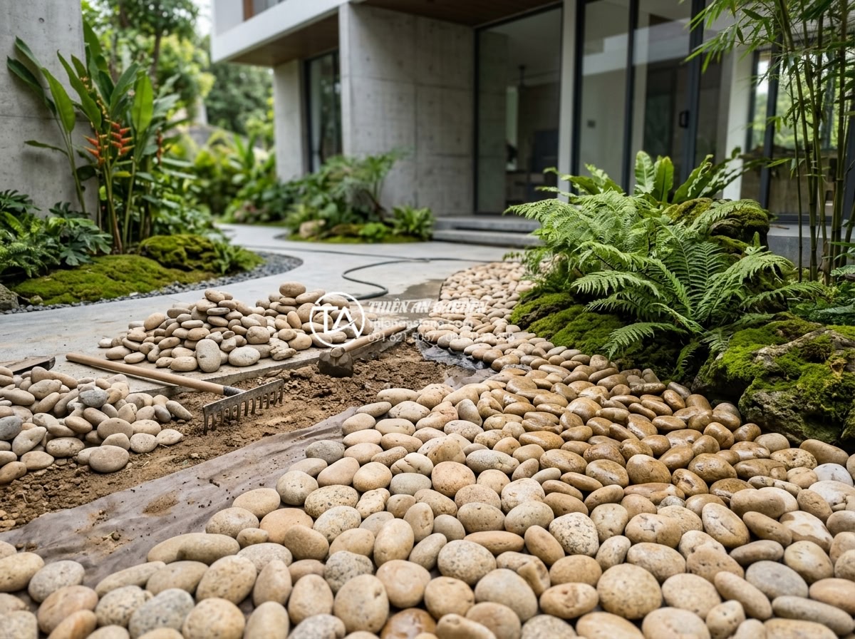 Đá Seiryu trong cảnh quan: Cách sử dụng và phối cảnh chuẩn nghệ thuật Nhật Bản - Zen garden composition with Seiryu stones positioned asymmetrically amid raked w