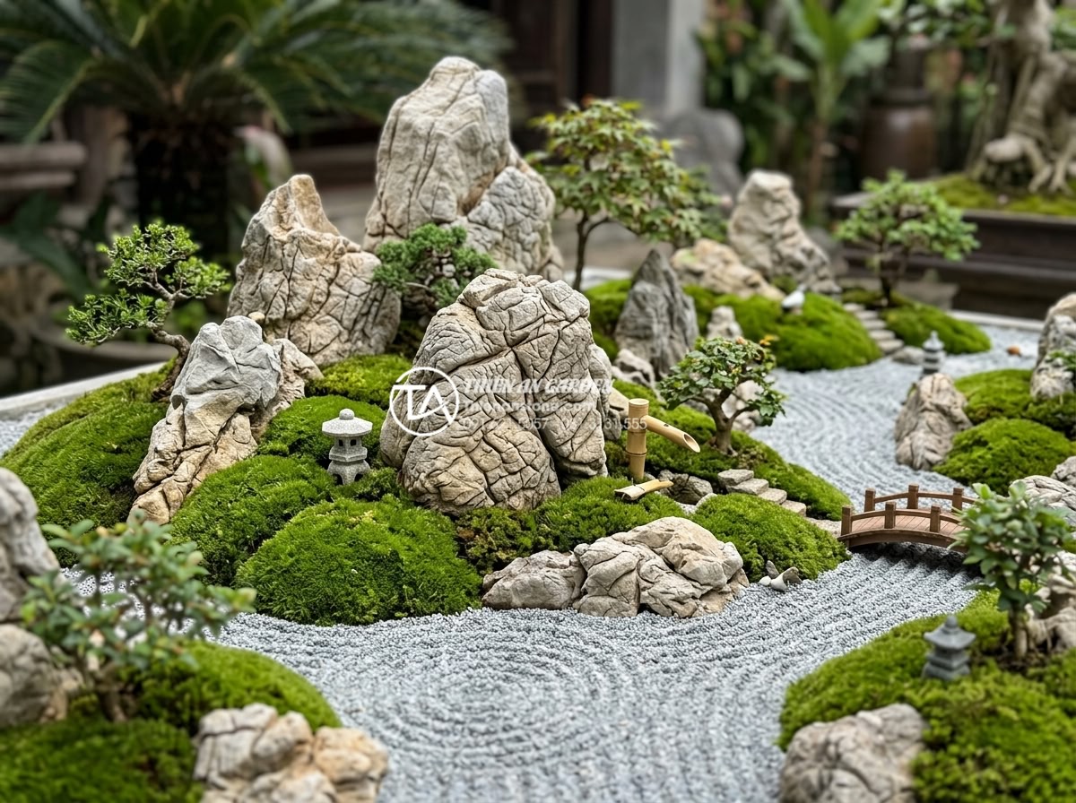 Đá Seiryu trong cảnh quan: Cách sử dụng và phối cảnh chuẩn nghệ thuật Nhật Bản - Harmonious arrangement of Seiryu stones combined with white pebbles, bonsai tree