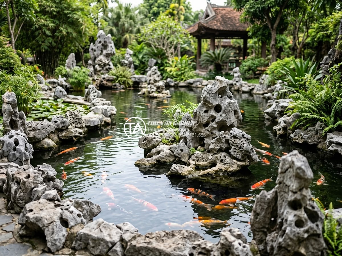 Đá Seiryu trong cảnh quan: Cách sử dụng và phối cảnh chuẩn nghệ thuật Nhật Bản - Luxurious villa garden in Vietnam featuring large Seiryu stone formations integr