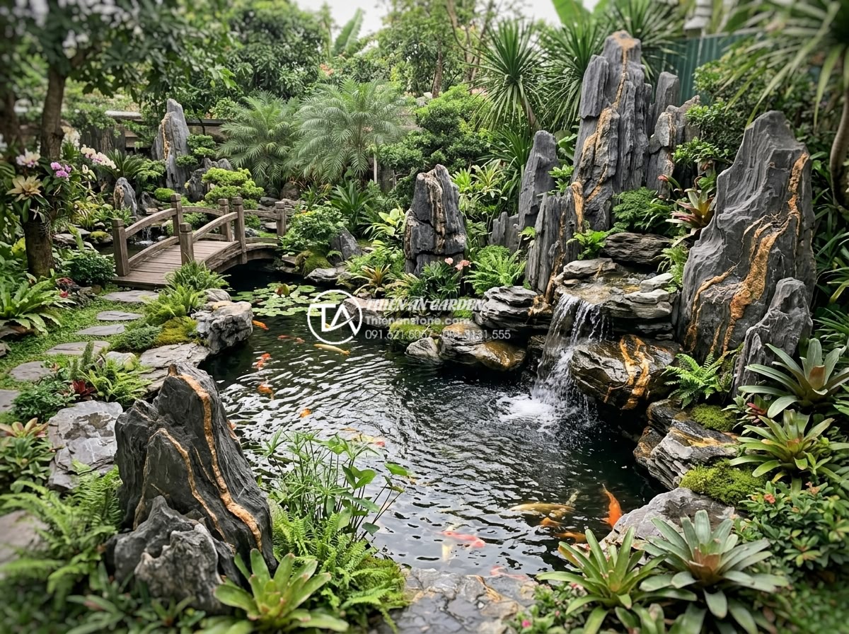 Đá trầm tích có bền không? Tuổi thọ của đá trong điều kiện khắc nghiệt - Wide angle view of a beautifully landscaped Vietnamese garden featuring multiple