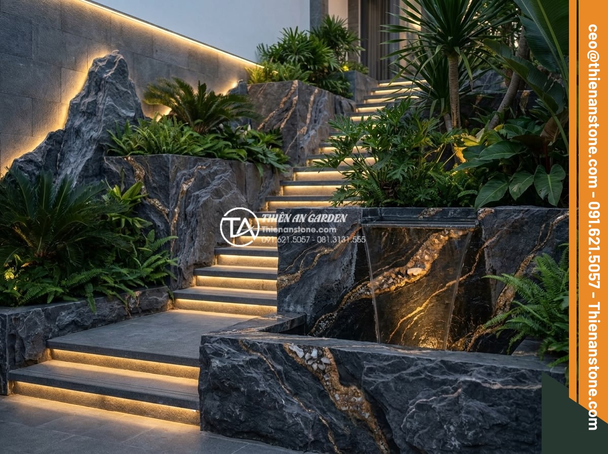Đá trầm tích kết tinh: Vẻ đẹp sang trọng cho tiểu cảnh cầu thang - Luxurious modern villa staircase small landscape featuring crystallized sediment