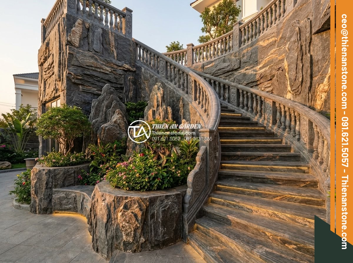 Đá trầm tích kết tinh: Vẻ đẹp sang trọng cho tiểu cảnh cầu thang - Elegant high-end residential staircase small landscape with crystallized sedimen
