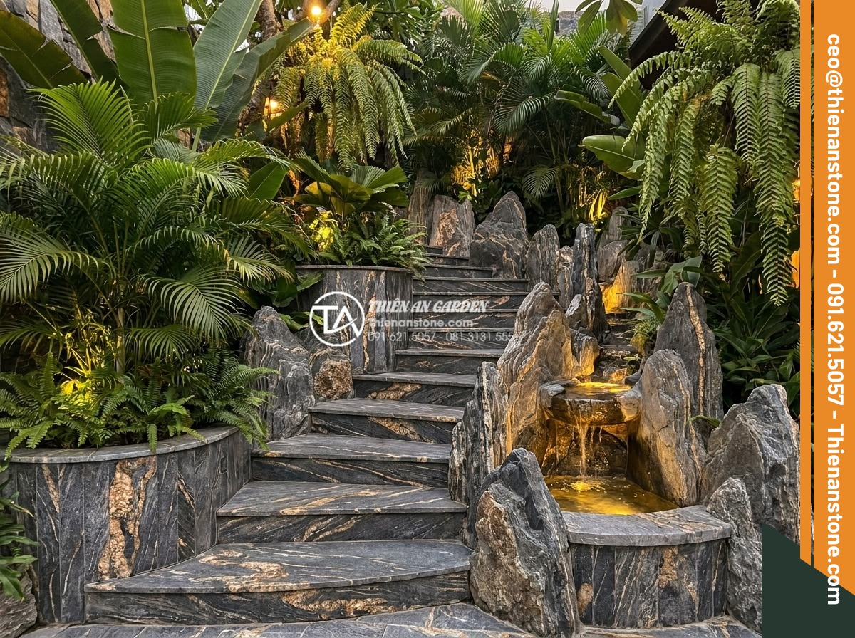 Đá trầm tích kết tinh: Vẻ đẹp sang trọng cho tiểu cảnh cầu thang - Creative tropical style staircase small landscape using crystallized sedimentary