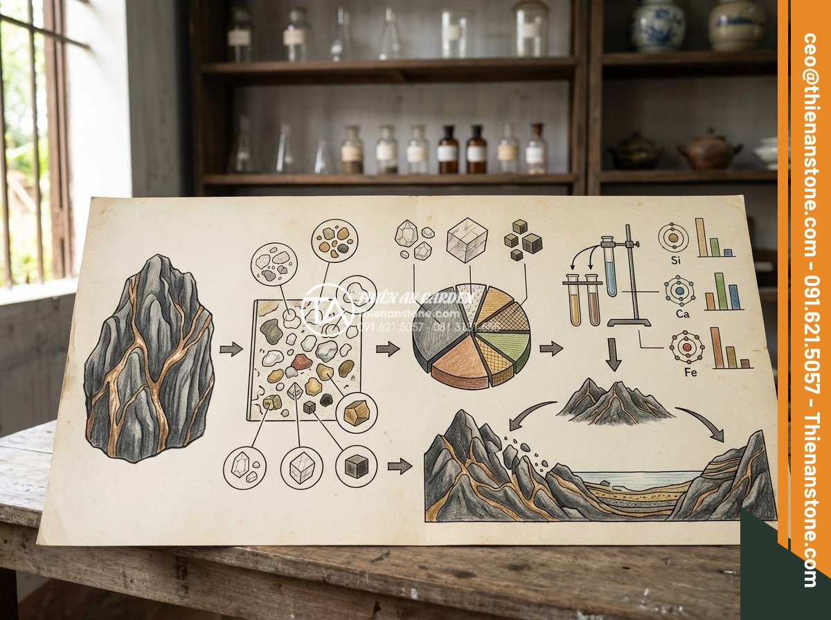 Đá trầm tích là gì? Quá trình hình thành và đặc tính vật lý cơ bản - Chemical analysis diagram of sedimentary rock components with labeled minerals