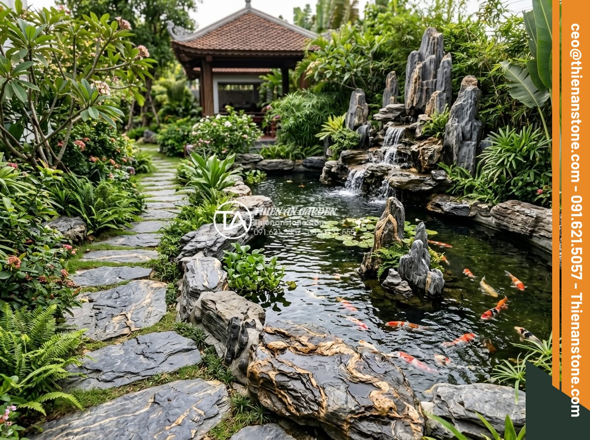 Đá trầm tích là gì? Quá trình hình thành và đặc tính vật lý cơ bản - Beautiful garden landscape using sedimentary rocks for pathways and water featur