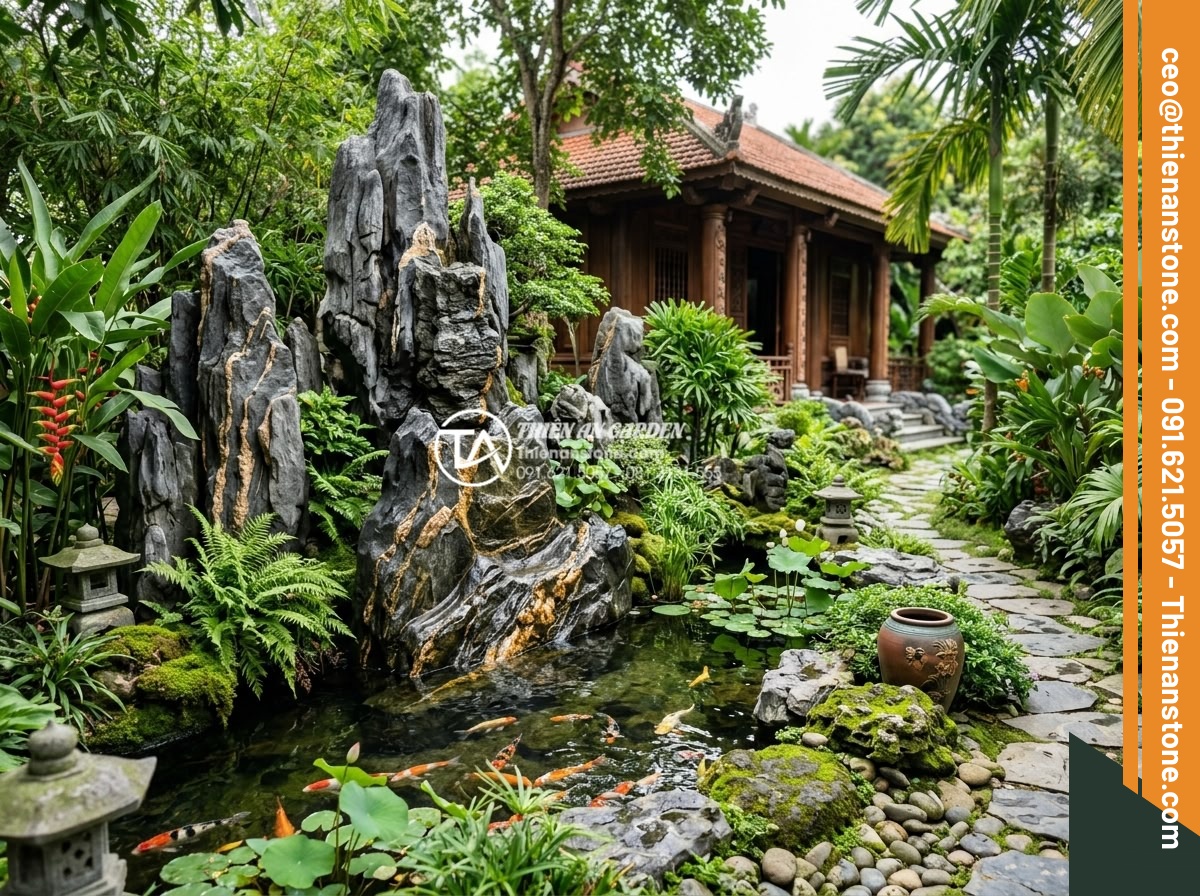 Đá trầm tích là gì? Quá trình hình thành và đặc tính vật lý cơ bản - Luxury villa garden with sedimentary stone sculptures and rockeries in natural s