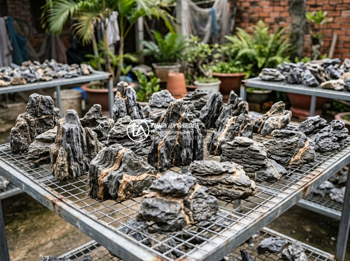 Đá trầm tích thủy sinh: Bí quyết chọn và xử lý đá cho bể cá - Cleaned sedimentary rocks drying on a rack after processing, ready for aquarium 