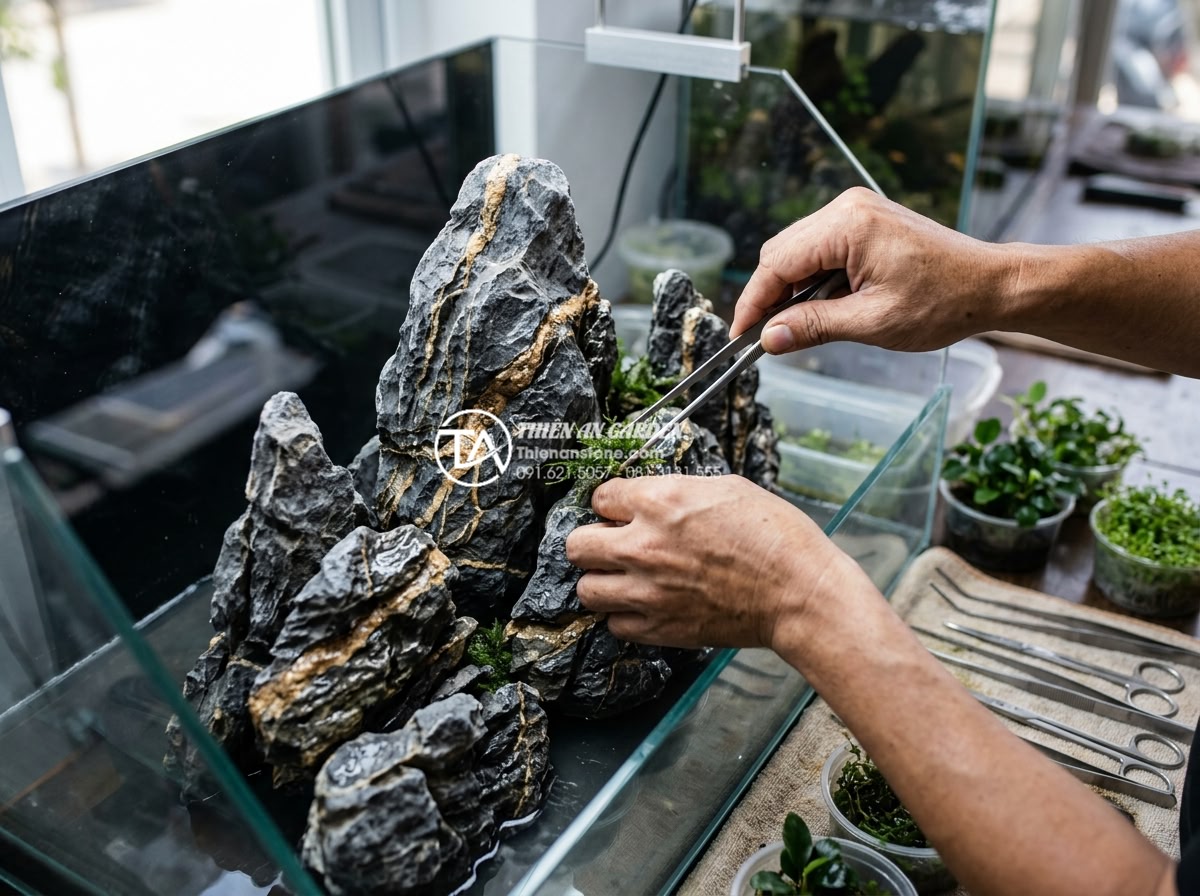 Đá trầm tích thủy sinh: Bí quyết chọn và xử lý đá cho bể cá - Professional aquascaper hands arranging sedimentary rocks in an aquarium tank fo