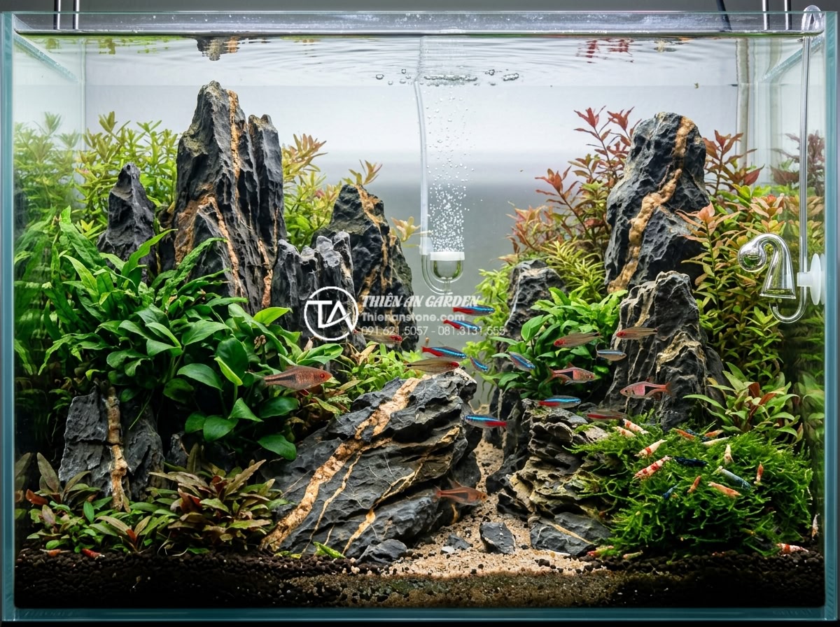 Đá trầm tích thủy sinh: Bí quyết chọn và xử lý đá cho bể cá - Final professional layout of sedimentary rock aquascape with mature plants, CO2 