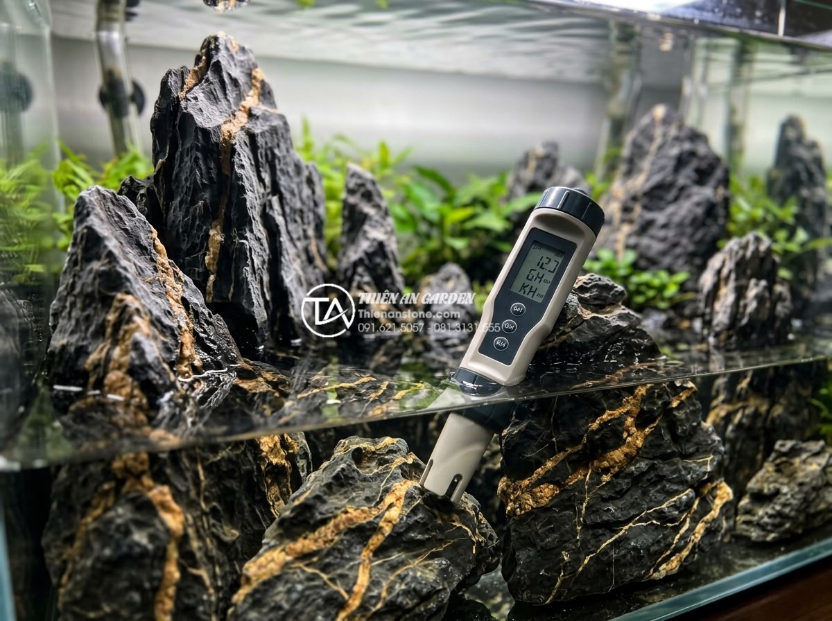 Đá trầm tích thủy sinh: Bí quyết chọn và xử lý đá cho bể cá - Aquarium water parameter testing kit used on a tank with sedimentary rocks, show