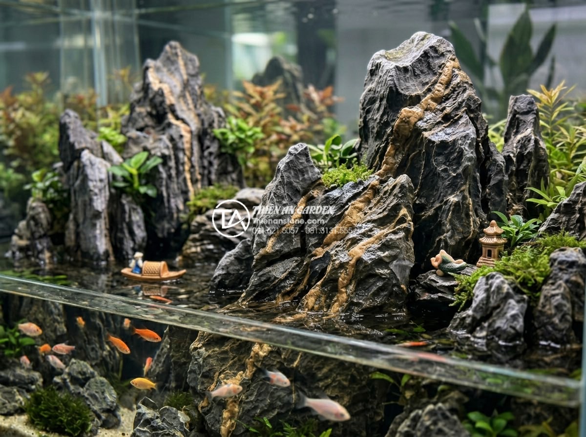 Đá trầm tích thủy sinh: Bí quyết chọn và xử lý đá cho bể cá - Side-by-side comparison chart and photos of sedimentary rock versus volcanic roc