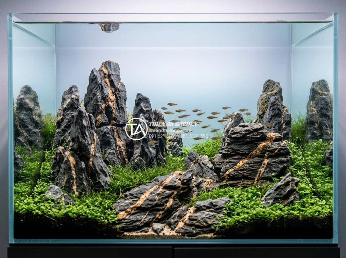 Đá trầm tích thủy sinh: Bí quyết chọn và xử lý đá cho bể cá - Wide angle view of a complete aquascape tank featuring multiple pieces of sedime
