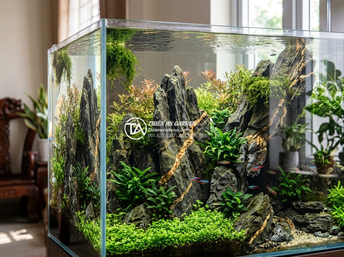 Đá trầm tích thủy sinh: Bí quyết chọn và xử lý đá cho bể cá - Long-term beautiful mature aquascape with well-maintained sedimentary rocks afte
