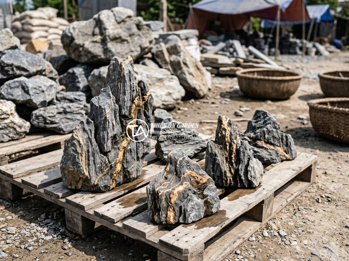 Đá trầm tích thủy sinh: Bí quyết chọn và xử lý đá cho bể cá - Person carefully examining and selecting sedimentary rocks at a stone supplier y