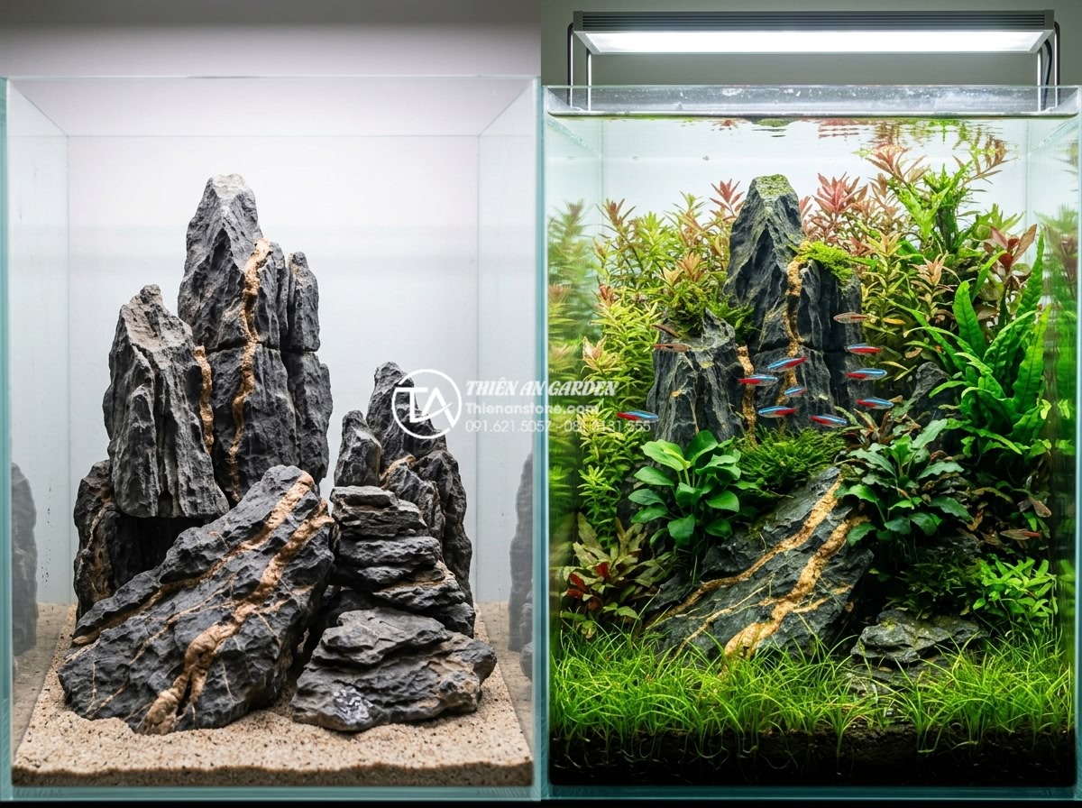 Đá trầm tích thủy sinh: Bí quyết chọn và xử lý đá cho bể cá - Before and after comparison of selected sedimentary rocks in an empty tank versu