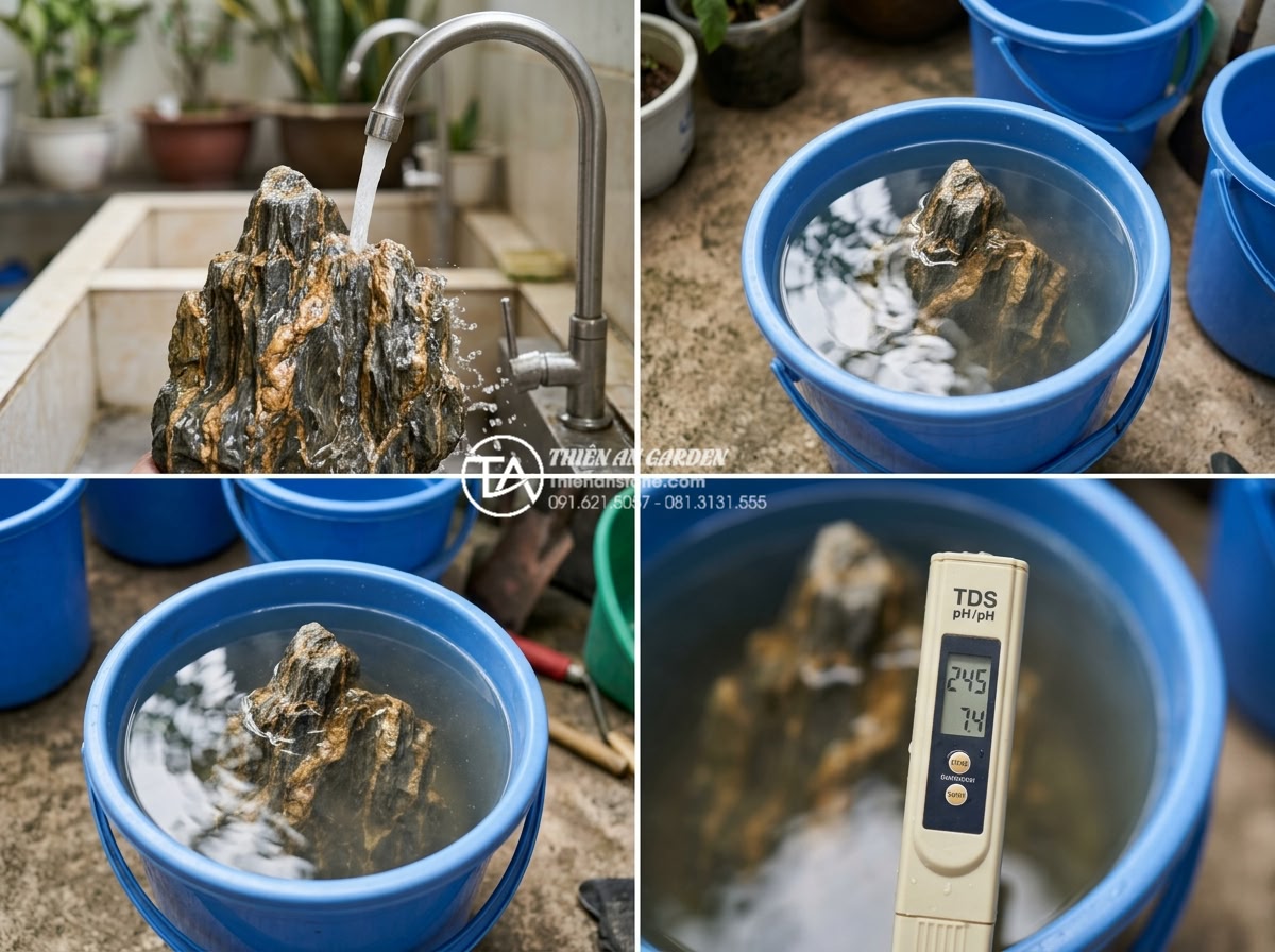 Đá trầm tích thủy sinh: Bí quyết chọn và xử lý đá cho bể cá - Step-by-step process photos of cleaning sedimentary rocks: rinsing under tap, so