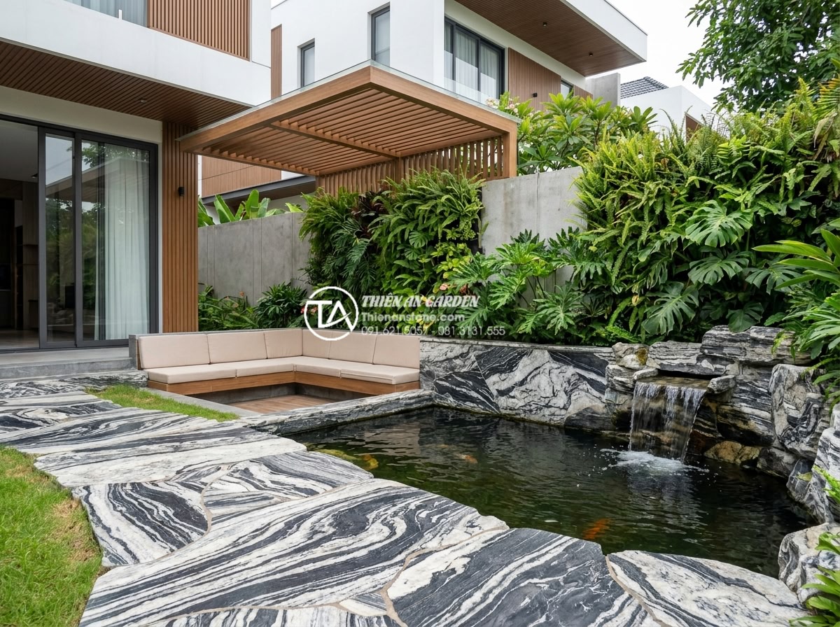 Đá tuyết sơn là gì? Cẩm nang toàn tập về loại đá quý hiếm trong kiến trúc - Modern Vietnamese villa backyard design incorporating da tuyet son stone pathway