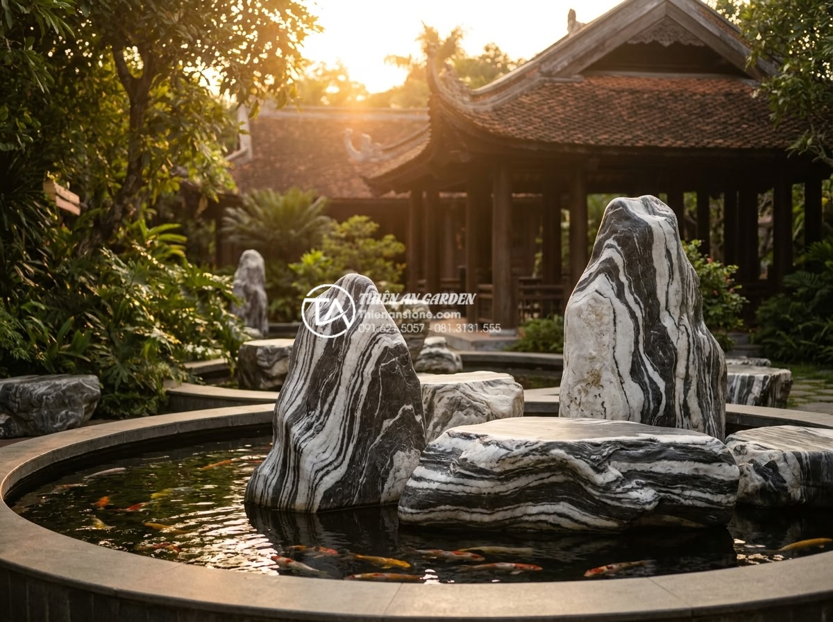 Đá tuyết sơn là gì? Cẩm nang toàn tập về loại đá quý hiếm trong kiến trúc - Final cinematic shot of a stunning completed Vietnamese resort garden at sunset 