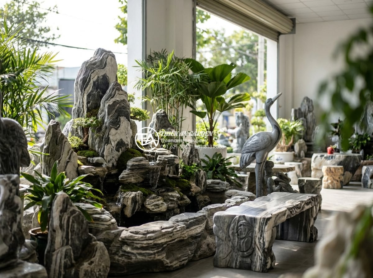 Đá tuyết sơn là gì? Cẩm nang toàn tập về loại đá quý hiếm trong kiến trúc - Beautifully arranged display of various da tuyet son stone products including ro