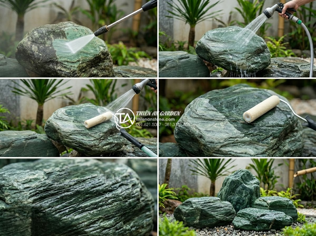 Đá xanh Nhật Bản có bị bạc màu theo thời gian không? Giải đáp từ chuyên gia - Step-by-step maintenance guide illustration showing cleaning, sealing, and prote