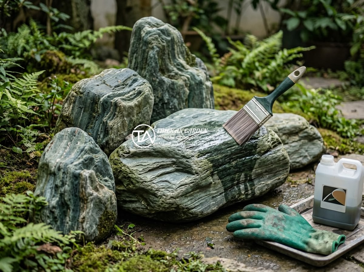Đá xanh Nhật Bản có bị bạc màu theo thời gian không? Giải đáp từ chuyên gia - Professional technician applying stone sealer to Japanese green stone surfaces w