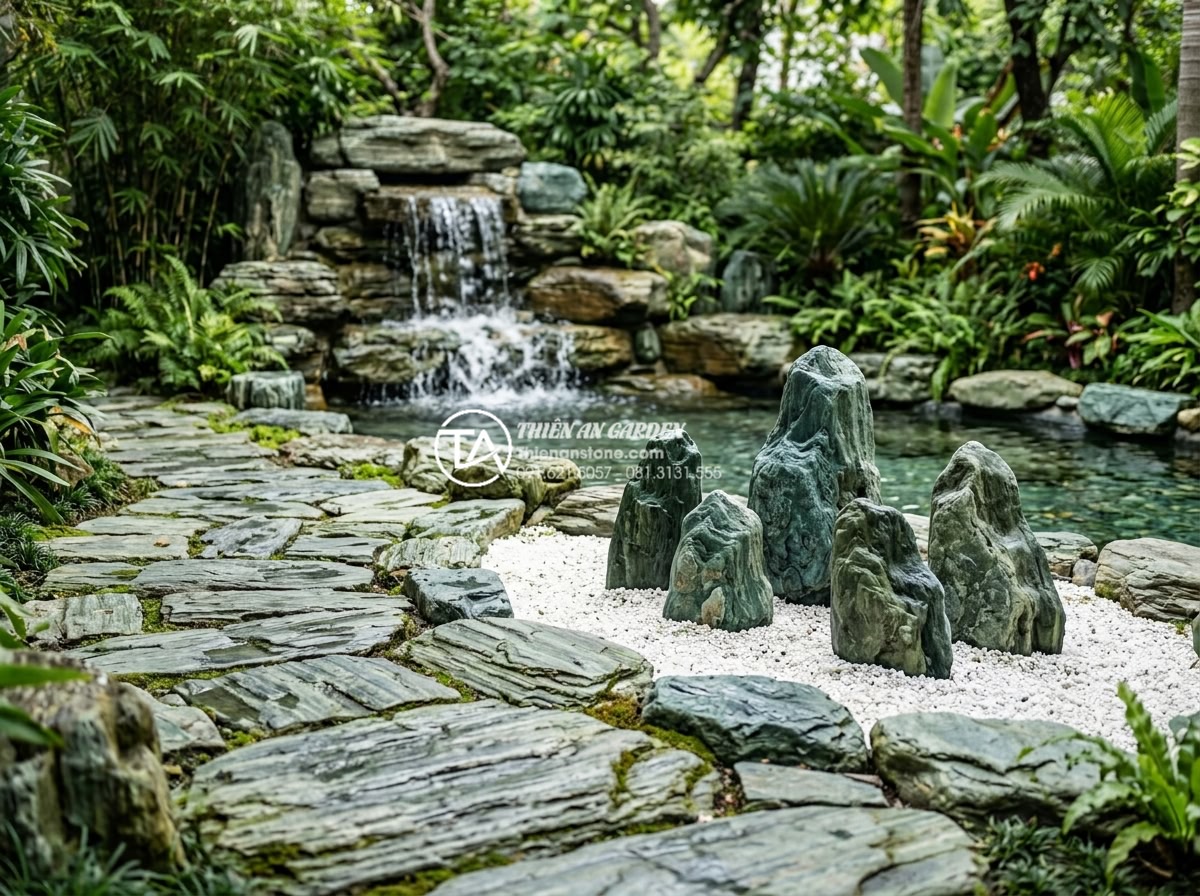 Đá xanh Nhật Bản có bị bạc màu theo thời gian không? Giải đáp từ chuyên gia - Creative landscape design concepts featuring Japanese green stone in various app