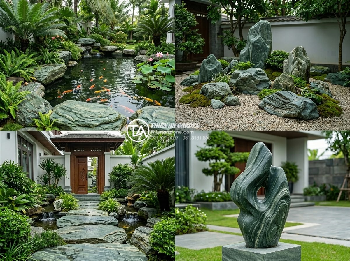 Đá xanh Nhật Bản có bị bạc màu theo thời gian không? Giải đáp từ chuyên gia - Diverse applications collage of Japanese green stone used in koi ponds, rockerie