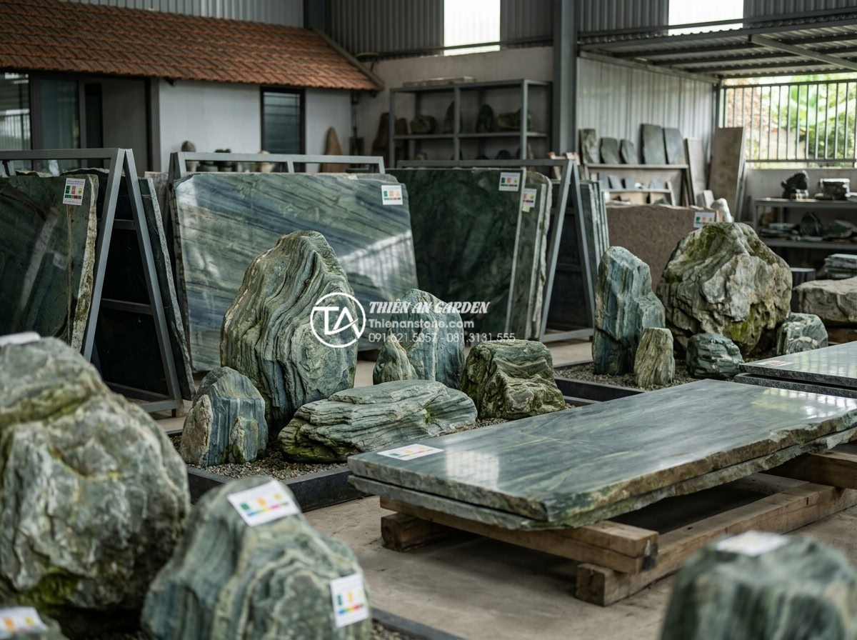 Đá xanh Nhật Bản có bị bạc màu theo thời gian không? Giải đáp từ chuyên gia - Company showroom and warehouse display of premium Japanese green stone slabs and