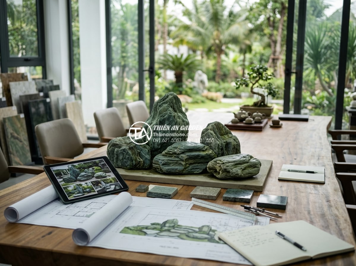 Đá xanh Nhật Bản có bị bạc màu theo thời gian không? Giải đáp từ chuyên gia - Team of stone experts at Thien An Stone consulting with clients on large Japanes