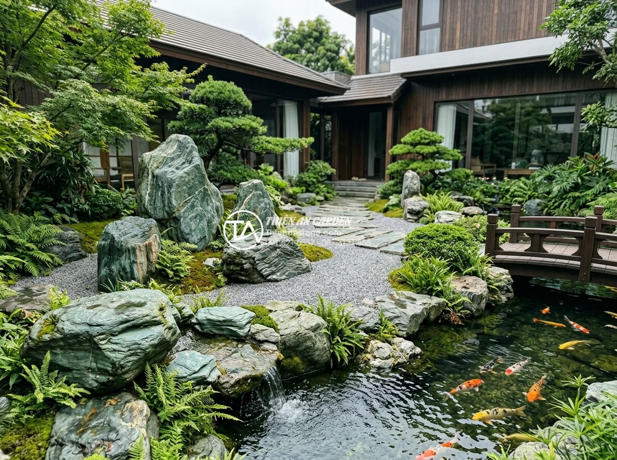 Đá xanh Nhật Bản có bị bạc màu theo thời gian không? Giải đáp từ chuyên gia - Wide-angle view of a beautiful Japanese-style rock garden featuring large Japane